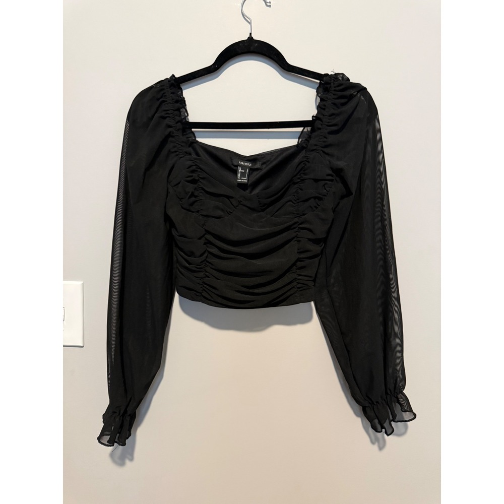 Forever 21 Black Mesh Ruched Long Sleeve Crop Top Blouse Square Neck Large